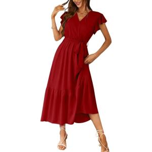 imagePRETTYGARDEN Womens Summer Floral Boho Maxi Dress Short Sleeve Wrap V Neck Ruffle Long Flowy Beach Wedding Guest DressesSolid Wine Red