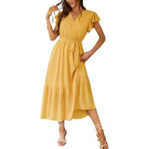 imagePRETTYGARDEN Womens Summer Floral Boho Maxi Dress Short Sleeve Wrap V Neck Ruffle Long Flowy Beach Wedding Guest DressesSolid Yellow