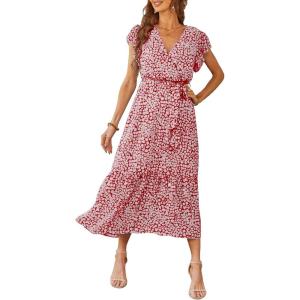 imagePRETTYGARDEN Womens Summer Floral Boho Maxi Dress Short Sleeve Wrap V Neck Ruffle Long Flowy Beach Wedding Guest DressesWine Red