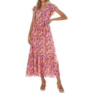 imagePRETTYGARDEN Womens Summer Floral Boho Maxi Dress Short Sleeve Wrap V Neck Ruffle Long Flowy Beach Wedding Guest DressesWine Red Floral