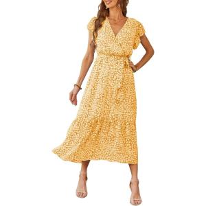 imagePRETTYGARDEN Womens Summer Floral Boho Maxi Dress Short Sleeve Wrap V Neck Ruffle Long Flowy Beach Wedding Guest DressesYellow