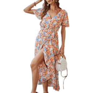 imagePRETTYGARDEN Womens Summer Floral Boho Maxi Dress Short Sleeve Wrap V Neck Ruffle Long Flowy Beach Wedding Guest DressesYellow Floral