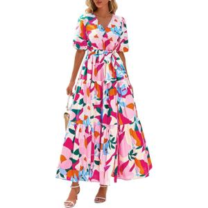 imagePRETTYGARDEN Womens Summer Maxi Dress 2026 Resort Wear Boho Floral V Neck Puff Short Sleeve Ruffle Flowy Beach Long DressesApricot Rose Red Flower