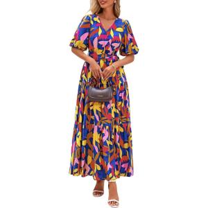 imagePRETTYGARDEN Womens Summer Maxi Dress 2026 Resort Wear Boho Floral V Neck Puff Short Sleeve Ruffle Flowy Beach Long DressesDark Blue Multi Floral