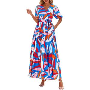 imagePRETTYGARDEN Womens Summer Maxi Dress 2026 Resort Wear Boho Floral V Neck Puff Short Sleeve Ruffle Flowy Beach Long DressesFloral Blue Multicolored