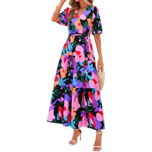 imagePRETTYGARDEN Womens Summer Maxi Dress 2026 Resort Wear Boho Floral V Neck Puff Short Sleeve Ruffle Flowy Beach Long DressesMulticolored Flower