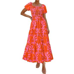 imagePRETTYGARDEN Womens Summer Puff Short Sleeve Maxi Dress Square Neck Smocked Tiered Ruffle A Line Long Flowy Beach DressesFloral Orange Pink