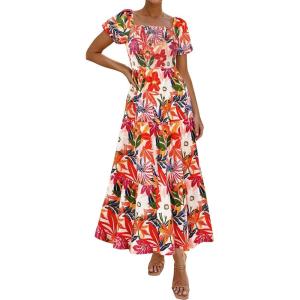 imagePRETTYGARDEN Womens Summer Puff Short Sleeve Maxi Dress Square Neck Smocked Tiered Ruffle A Line Long Flowy Beach DressesFloral Pink Orange
