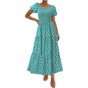imagePRETTYGARDEN Womens Summer Puff Short Sleeve Maxi Dress Square Neck Smocked Tiered Ruffle A Line Long Flowy Beach DressesGreen Pink Flower