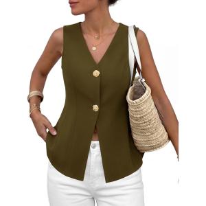 imagePRETTYGARDEN Womens Summer Sleeveless Suit Vest Tops 2026 Dressy Button Down Business Casual Blazer Waistcoat Spring ClothesArmy Green