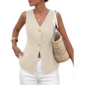 imagePRETTYGARDEN Womens Summer Sleeveless Suit Vest Tops 2026 Dressy Button Down Business Casual Blazer Waistcoat Spring ClothesBeige