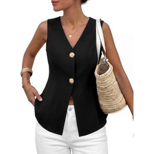 imagePRETTYGARDEN Womens Summer Sleeveless Suit Vest Tops 2026 Dressy Button Down Business Casual Blazer Waistcoat Spring ClothesBlack