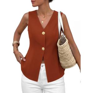 imagePRETTYGARDEN Womens Summer Sleeveless Suit Vest Tops 2026 Dressy Button Down Business Casual Blazer Waistcoat Spring ClothesBrick Red