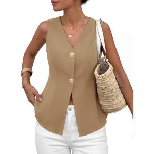 imagePRETTYGARDEN Womens Summer Sleeveless Suit Vest Tops 2026 Dressy Button Down Business Casual Blazer Waistcoat Spring ClothesKhaki