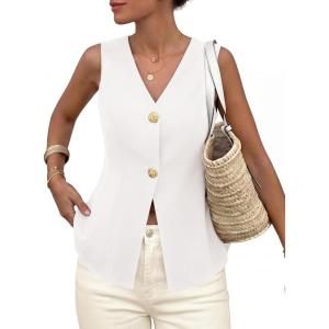 imagePRETTYGARDEN Womens Summer Sleeveless Suit Vest Tops 2026 Dressy Button Down Business Casual Blazer Waistcoat Spring ClothesWhite