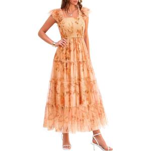 imagePRETTYGARDEN Womens Summer Tulle Midi Dress Sleeveless Smocked Ruffle Flowy Mesh Dresses Party Wedding Guest SundressFloral Apricot Orange