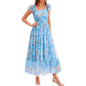 imagePRETTYGARDEN Womens Summer Tulle Midi Dress Sleeveless Smocked Ruffle Flowy Mesh Dresses Party Wedding Guest SundressFloral Blue Yellow