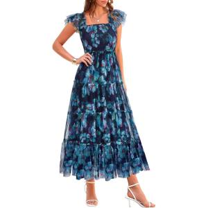 imagePRETTYGARDEN Womens Summer Tulle Midi Dress Sleeveless Smocked Ruffle Flowy Mesh Dresses Party Wedding Guest SundressFloral Navy Blue