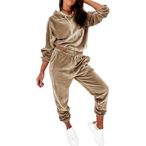 imagePRETTYGARDEN Womens Velour Tracksuits Set Hooded Pullover Sweatpants Long Sleeve 2 Piece Joggers Outfits ApricotMedium