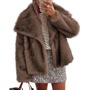 imagePRETTYGARDEN Womens Winter Coats 2026 Trendy Long Sleeve Furry Faux Fur Jackets Button Lapel Warm Fall Outwear with PocketsBlack Khaki