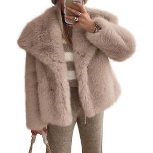 imagePRETTYGARDEN Womens Winter Coats 2026 Trendy Long Sleeve Furry Faux Fur Jackets Button Lapel Warm Fall Outwear with PocketsKhaki