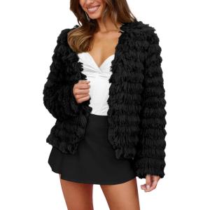 imageWinter Coats Fashion Faux Fur Long Sleeve Fleece Shaggy Jacket OuterwearBlack