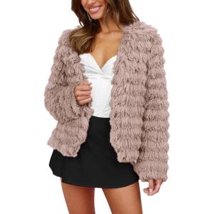 imageWinter Coats Fashion Faux Fur Long Sleeve Fleece Shaggy Jacket OuterwearLight Khaki