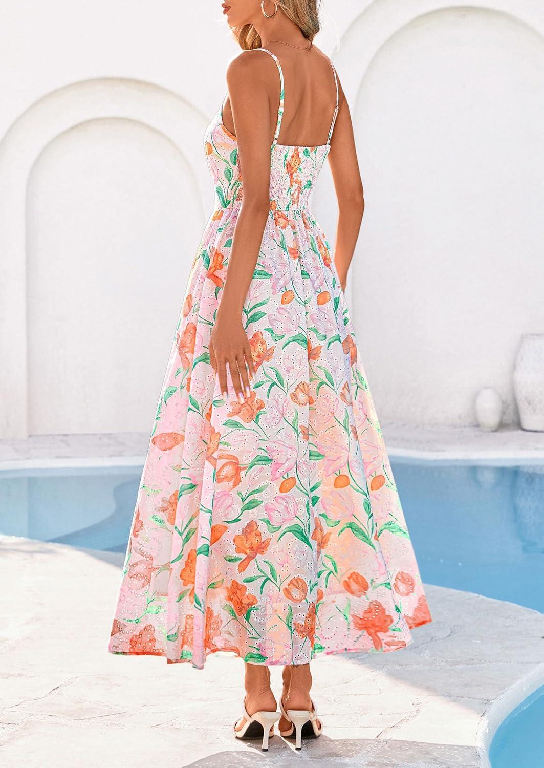 imagePRETTYGARDEN Womens 2026 Spring Boho Maxi Dress Eyelet Floral Long Flowy Sundresses Summer Beach Vacation ClothesFloral White Multicolored