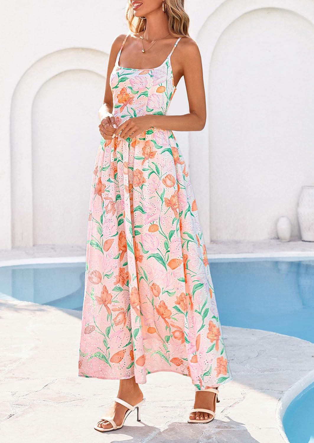 imagePRETTYGARDEN Womens 2026 Spring Boho Maxi Dress Eyelet Floral Long Flowy Sundresses Summer Beach Vacation ClothesFloral White Multicolored