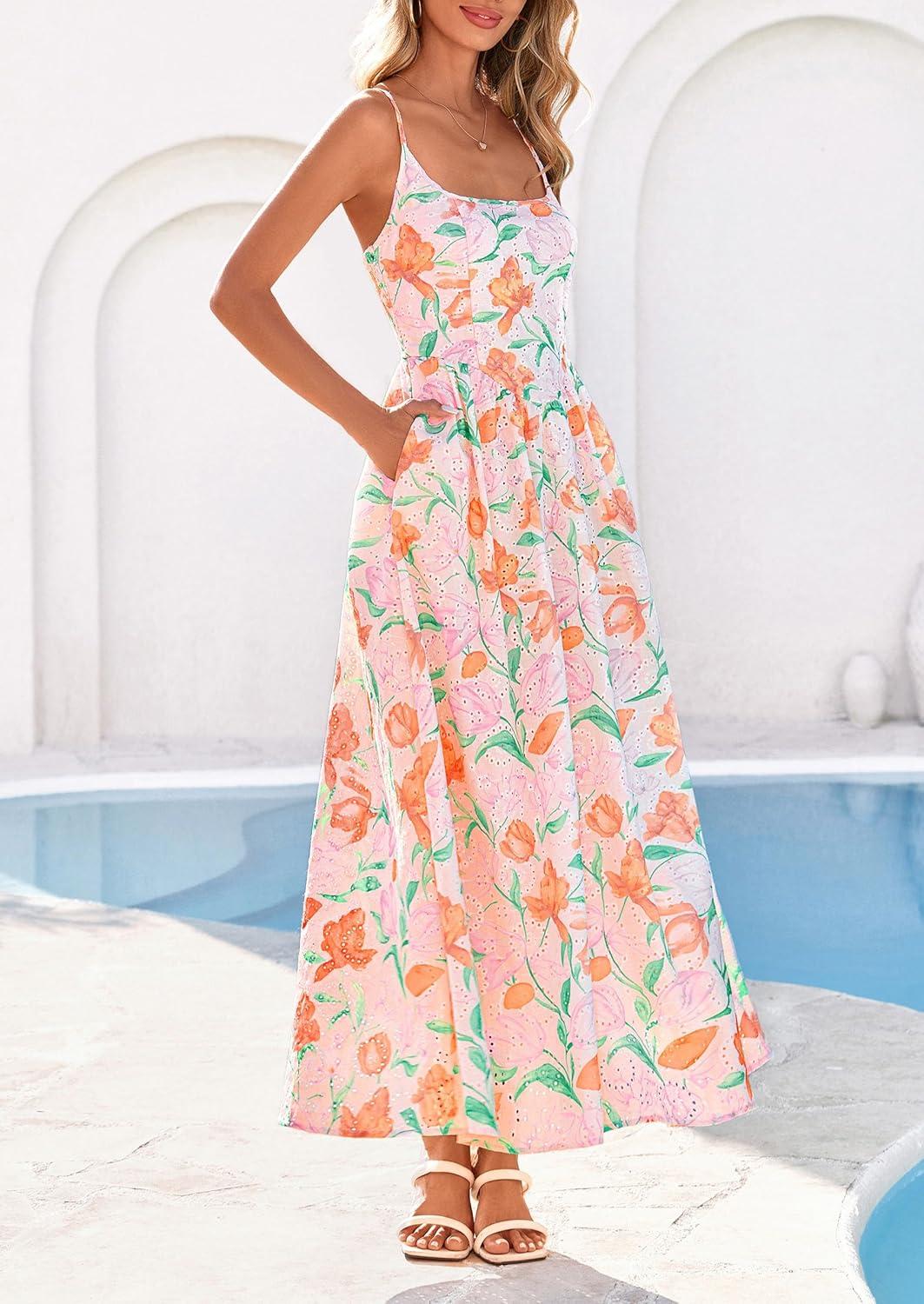 imagePRETTYGARDEN Womens 2026 Spring Boho Maxi Dress Eyelet Floral Long Flowy Sundresses Summer Beach Vacation ClothesFloral White Multicolored