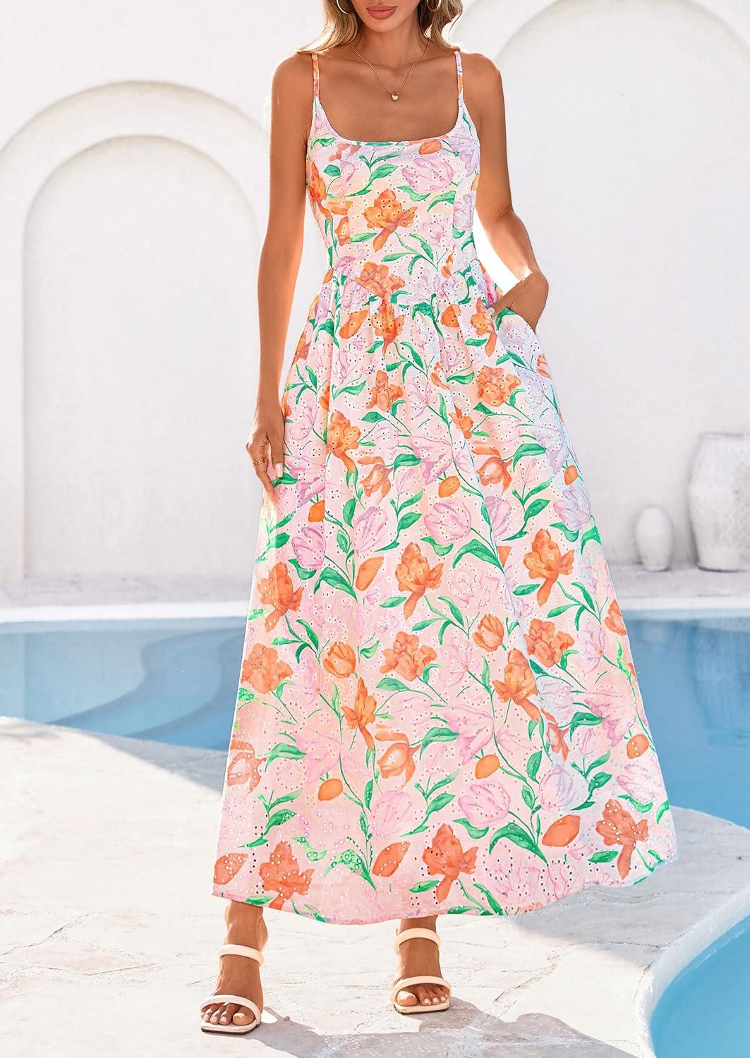 imagePRETTYGARDEN Womens 2026 Spring Boho Maxi Dress Eyelet Floral Long Flowy Sundresses Summer Beach Vacation ClothesFloral White Multicolored