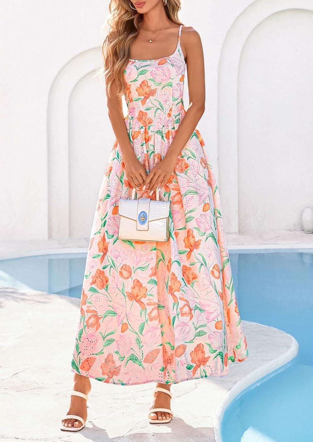 imagePRETTYGARDEN Womens 2026 Spring Boho Maxi Dress Eyelet Floral Long Flowy Sundresses Summer Beach Vacation ClothesFloral White Multicolored