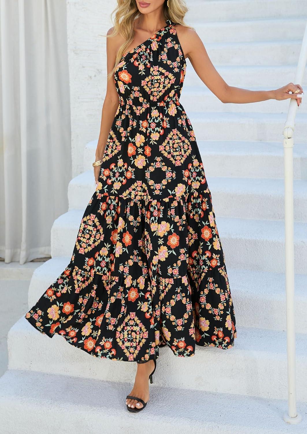 imagePRETTYGARDEN Womens Summer Floral One Shoulder Maxi Dress Knot Ruffle Boho Beach Vacation Wedding Guest Long Sun DressesBlack Multicolored Floral