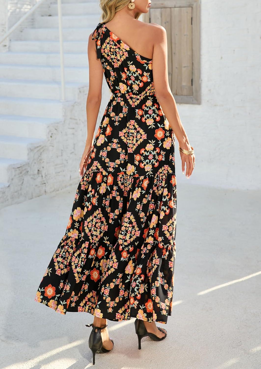 imagePRETTYGARDEN Womens Summer Floral One Shoulder Maxi Dress Knot Ruffle Boho Beach Vacation Wedding Guest Long Sun DressesBlack Multicolored Floral