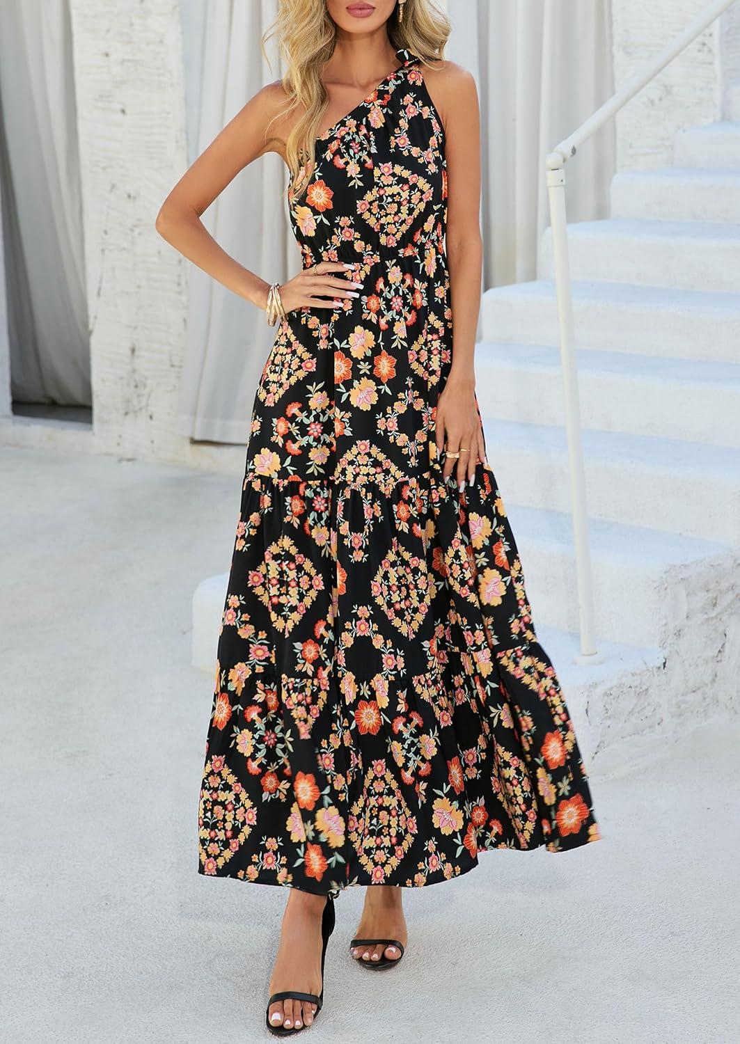 imagePRETTYGARDEN Womens Summer Floral One Shoulder Maxi Dress Knot Ruffle Boho Beach Vacation Wedding Guest Long Sun DressesBlack Multicolored Floral