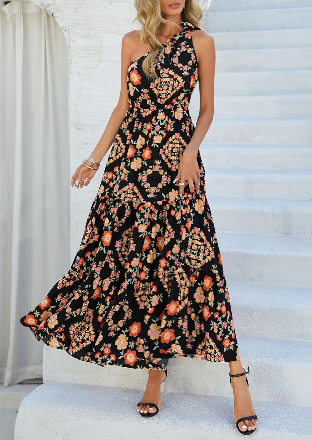imagePRETTYGARDEN Womens Summer Floral One Shoulder Maxi Dress Knot Ruffle Boho Beach Vacation Wedding Guest Long Sun DressesBlack Multicolored Floral