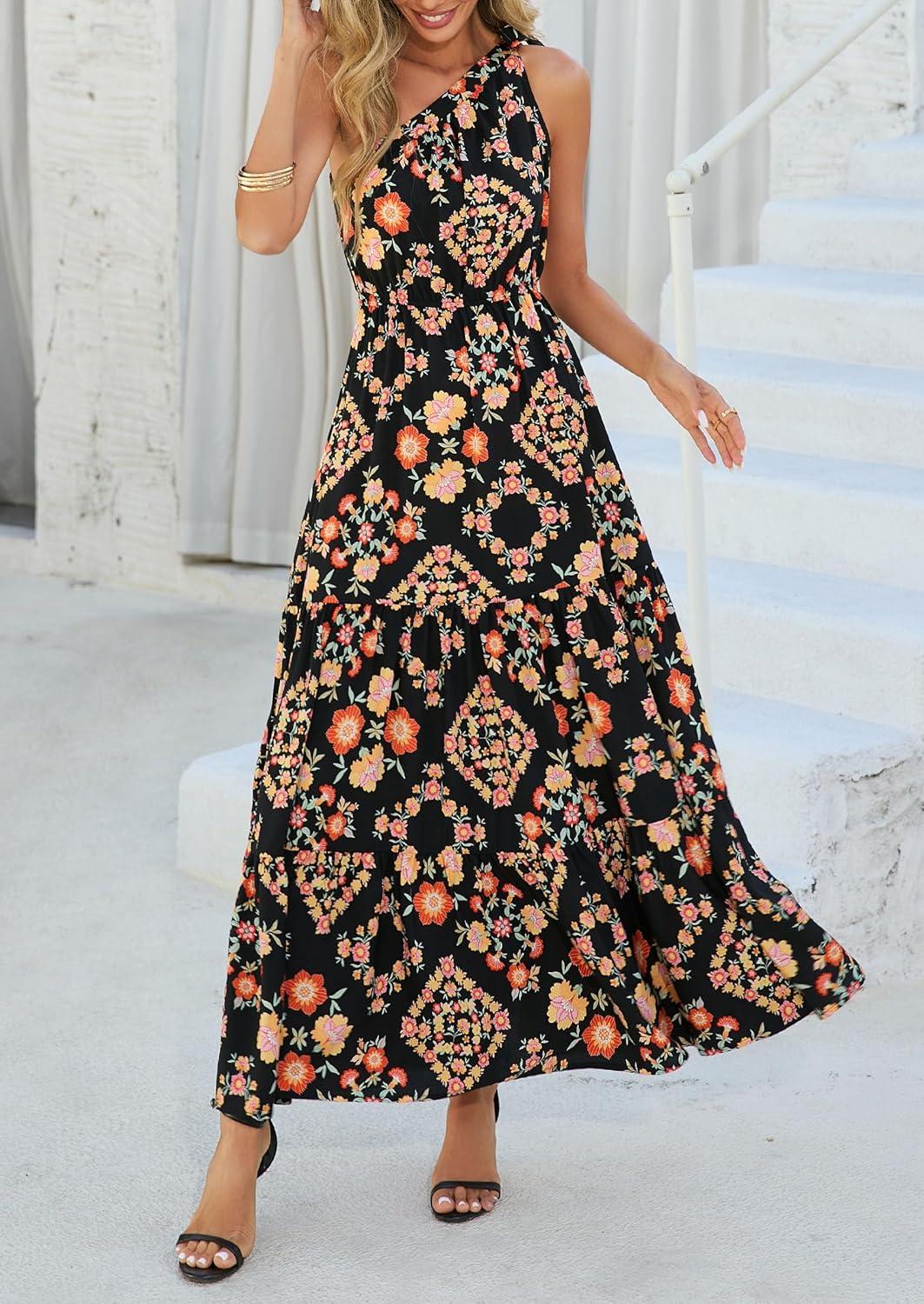 imagePRETTYGARDEN Womens Summer Floral One Shoulder Maxi Dress Knot Ruffle Boho Beach Vacation Wedding Guest Long Sun DressesBlack Multicolored Floral