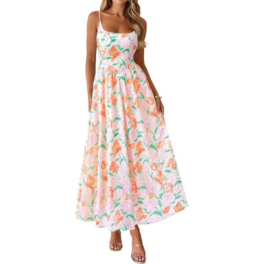 imagePRETTYGARDEN Womens 2026 Spring Boho Maxi Dress Eyelet Floral Long Flowy Sundresses Summer Beach Vacation ClothesFloral White Multicolored