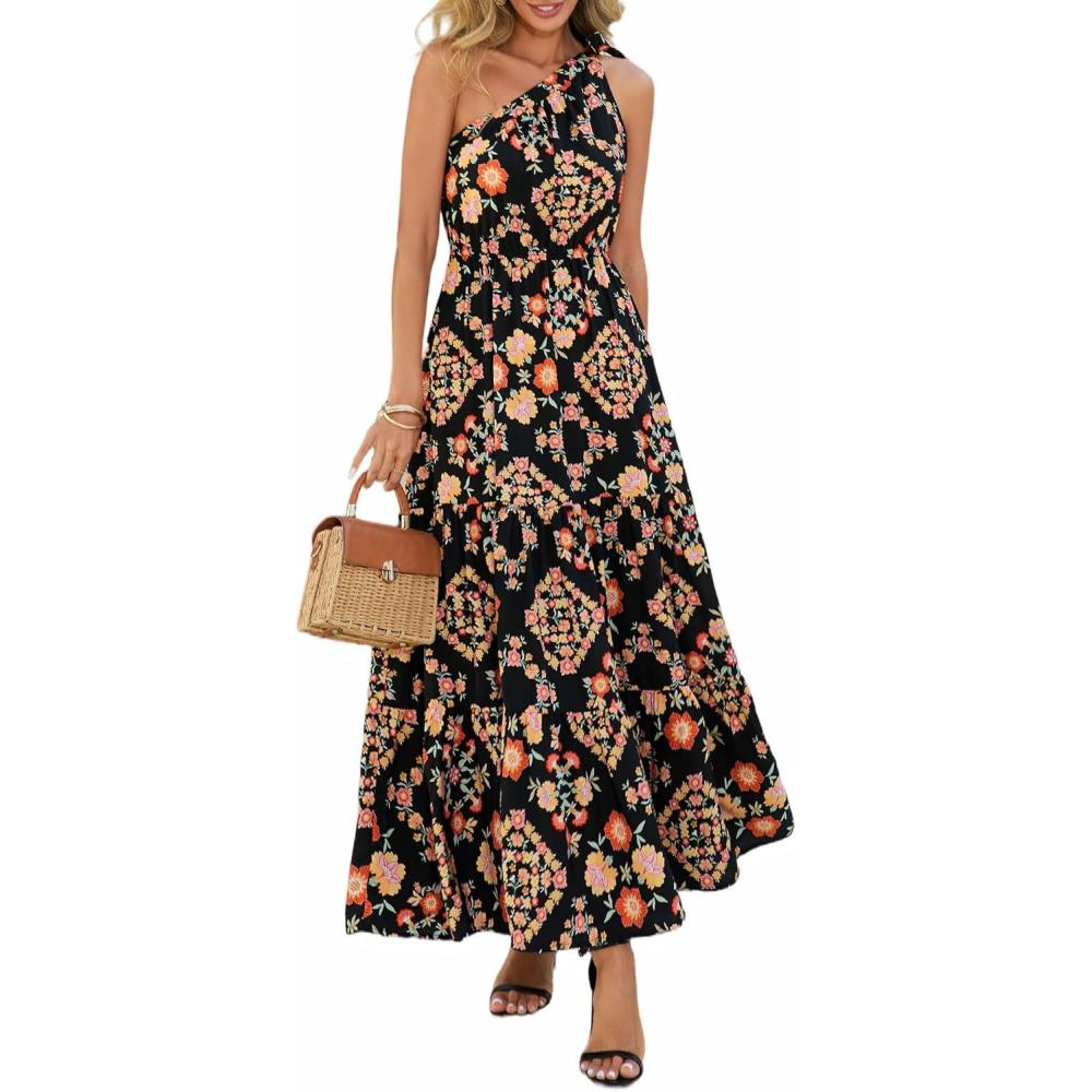 imagePRETTYGARDEN Womens Summer Floral One Shoulder Maxi Dress Knot Ruffle Boho Beach Vacation Wedding Guest Long Sun DressesBlack Multicolored Floral
