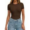 imagePRETTYGARDEN Body Suits for Womens Summer Tops 2026 Casual Short Sleeve Ribbed Fitted Basic Tee Shirts Spring Fashion ClothesBrown