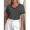 imagePRETTYGARDEN Short Sleeve Shirts for Women 2026 Spring V Neck Cute Tops Casual Striped Shirt Knitted Tees Summer OutfitsStriped Black White