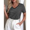 imagePRETTYGARDEN Short Sleeve Shirts for Women 2026 Spring V Neck Cute Tops Casual Striped Shirt Knitted Tees Summer OutfitsStriped Black White