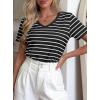 imagePRETTYGARDEN Short Sleeve Shirts for Women 2026 Spring V Neck Cute Tops Casual Striped Shirt Knitted Tees Summer OutfitsStriped Black White