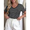 imagePRETTYGARDEN Short Sleeve Shirts for Women 2026 Spring V Neck Cute Tops Casual Striped Shirt Knitted Tees Summer OutfitsStriped Black White