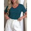 imagePRETTYGARDEN Short Sleeve Shirts for Women 2026 Spring V Neck Cute Tops Casual Striped Shirt Knitted Tees Summer OutfitsStriped Blue Green