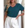 imagePRETTYGARDEN Short Sleeve Shirts for Women 2026 Spring V Neck Cute Tops Casual Striped Shirt Knitted Tees Summer OutfitsStriped Blue Green
