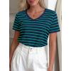 imagePRETTYGARDEN Short Sleeve Shirts for Women 2026 Spring V Neck Cute Tops Casual Striped Shirt Knitted Tees Summer OutfitsStriped Blue Green