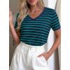 imagePRETTYGARDEN Short Sleeve Shirts for Women 2026 Spring V Neck Cute Tops Casual Striped Shirt Knitted Tees Summer OutfitsStriped Blue Green