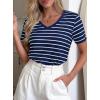 imagePRETTYGARDEN Short Sleeve Shirts for Women 2026 Spring V Neck Cute Tops Casual Striped Shirt Knitted Tees Summer OutfitsStriped Grey Blue White