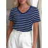 imagePRETTYGARDEN Short Sleeve Shirts for Women 2026 Spring V Neck Cute Tops Casual Striped Shirt Knitted Tees Summer OutfitsStriped Grey Blue White